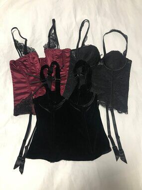Goth Victorian Corset Bustier lot XS Black Burgundy Velvet Satin Chantelle Senza
